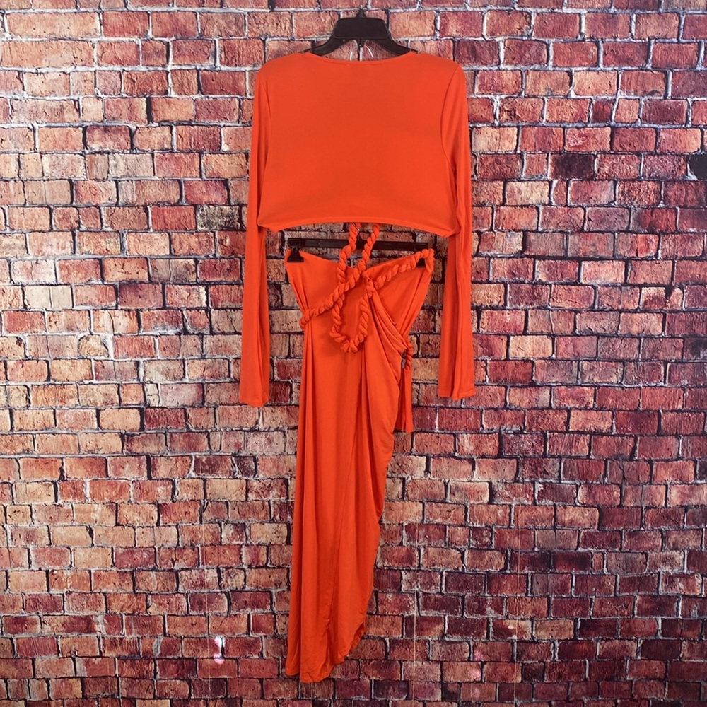 ASOS DESIGN long sleeve two pieced rope detail midi dress in burnt coral - Picture 2 of 4